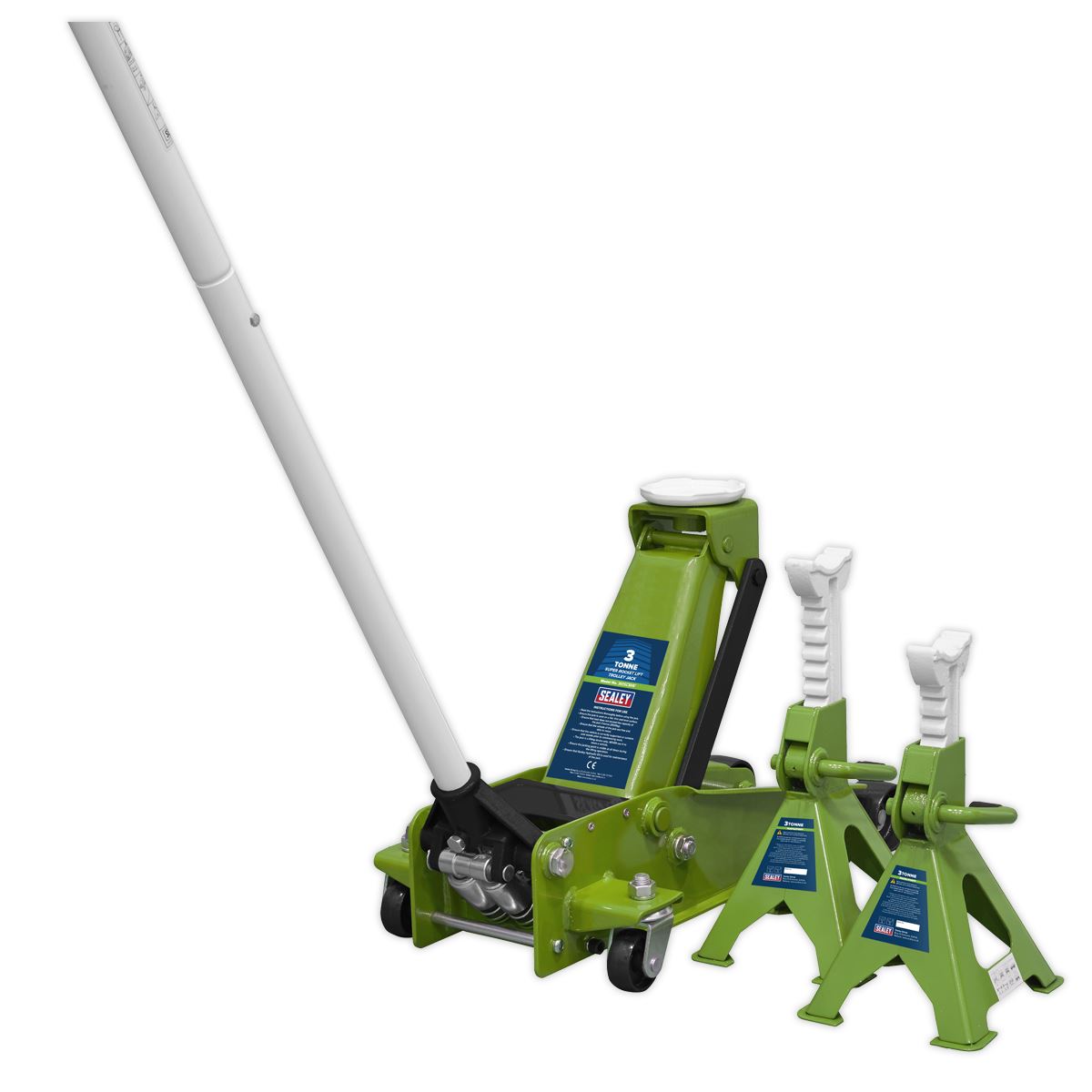 Sealey Trolley Jack 3 Tonne with Super Rocket Lift & Axle Stands (Pair) 3 Tonne Capacity per Stand-Hi-Vis 3015CXHV