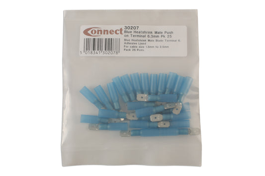 Connect Blue Heat Shrink Male Push on Terminal 6.3mm 25pc 30207