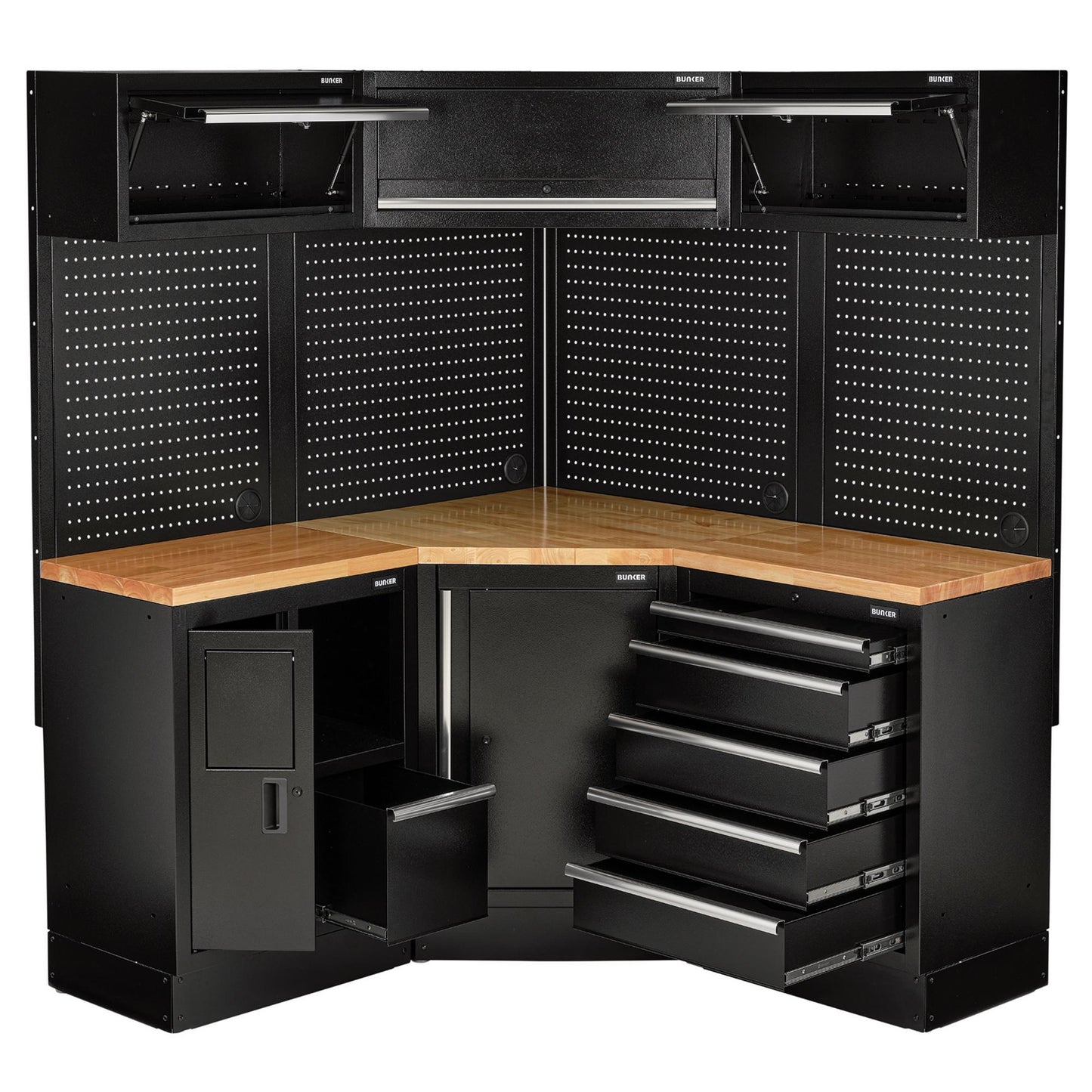 BUNKER 18 Piece Modular Storage Corner Combo with Hardwood Worktop, 3454mm