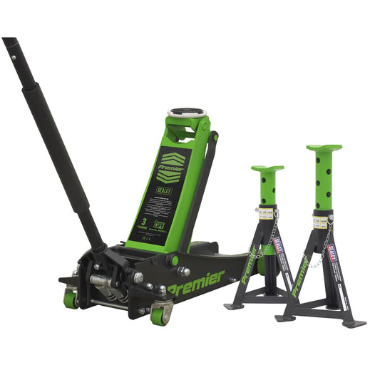 Sealey Trolley Jack 3 Tonne & Axle Stands (Pair) 3tonne per Stand Combo 3040AGCOMBO1