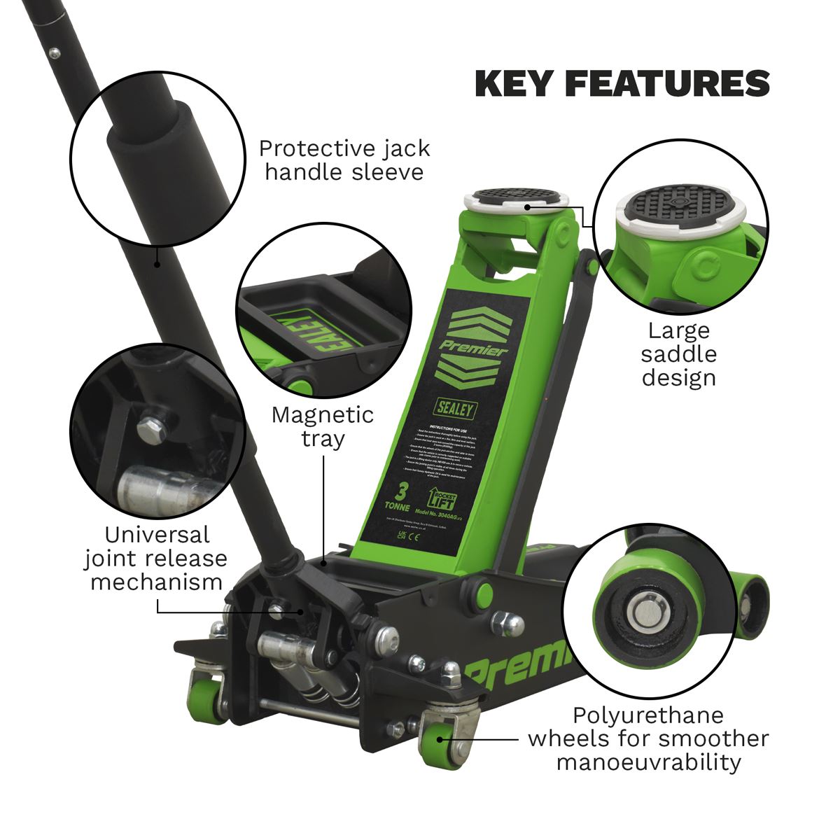 Sealey Trolley Jack 3 Tonne Low Profile Rocket Lift Green 3040AG