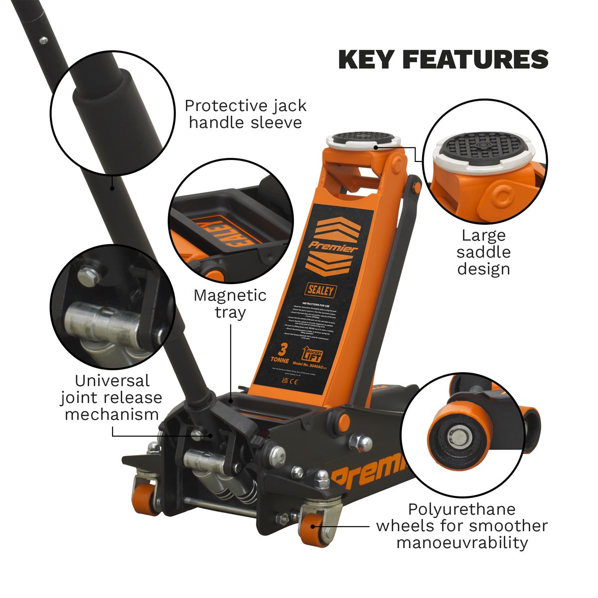 Sealey Trolley Jack 3 Tonne Low Profile Rocket Lift Orange 3040AO