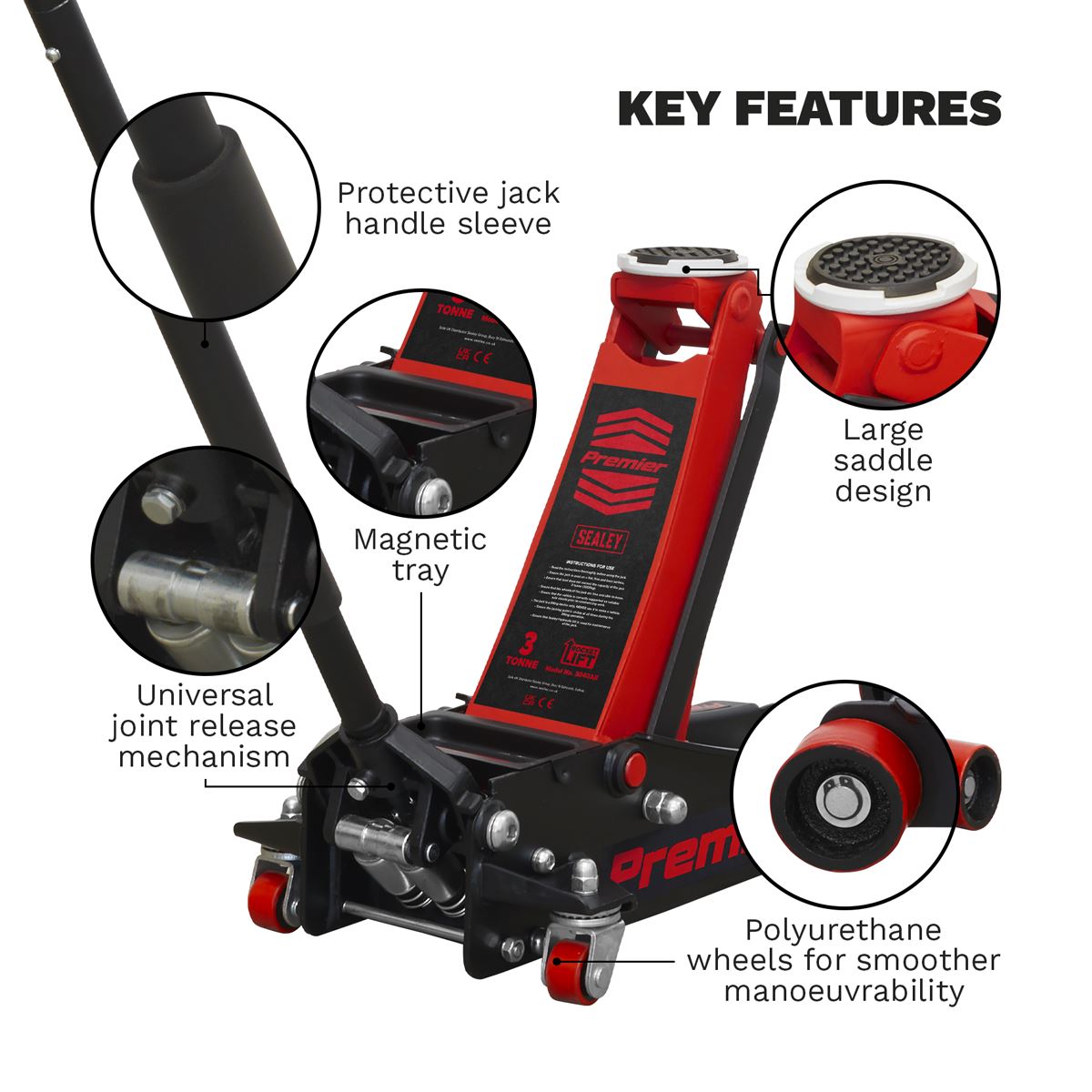 Sealey Trolley Jack 3 Tonne Low Profile Rocket Lift Red 3040AR