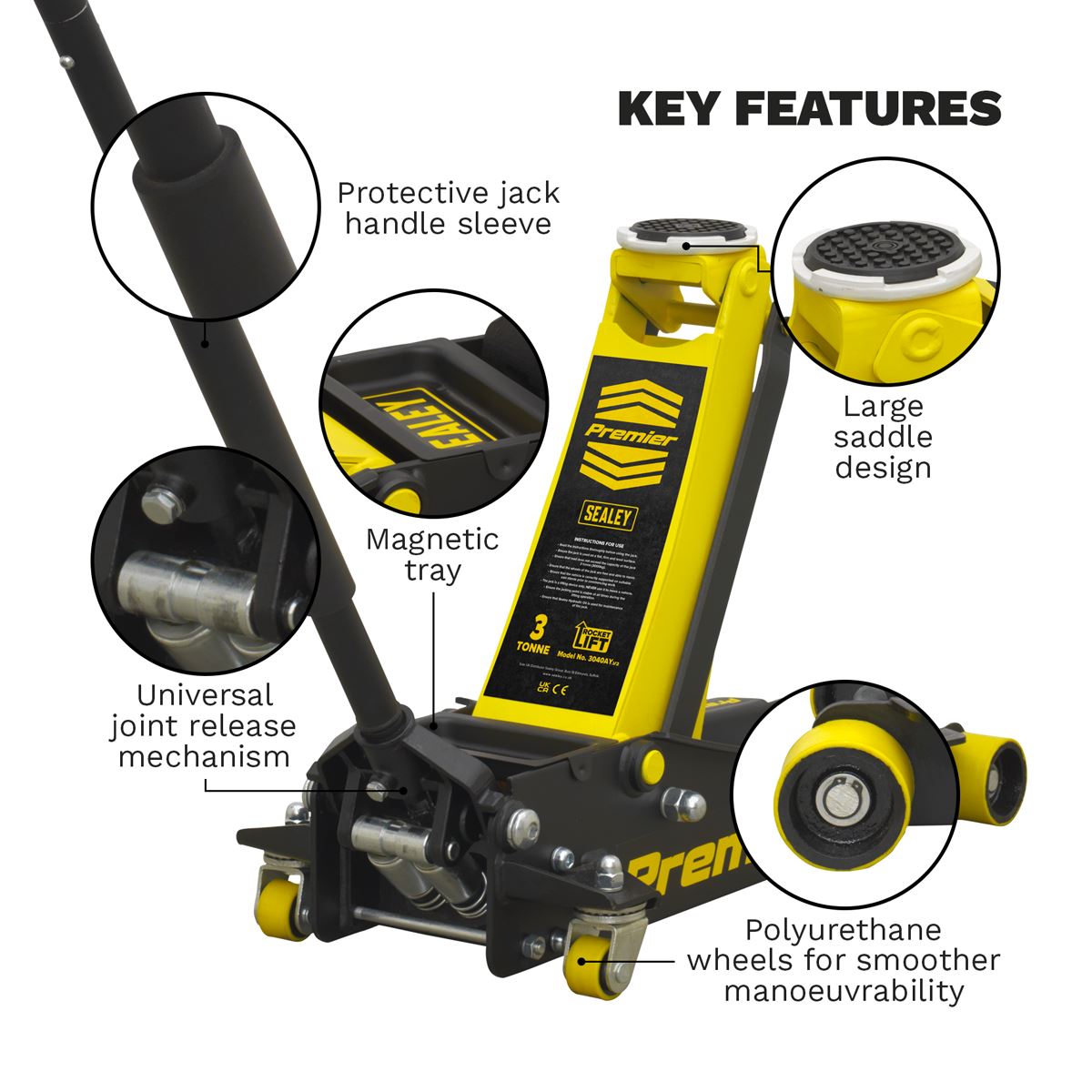 Sealey Trolley Jack 3 Tonne Low Profile Rocket Lift Yellow 3040AY