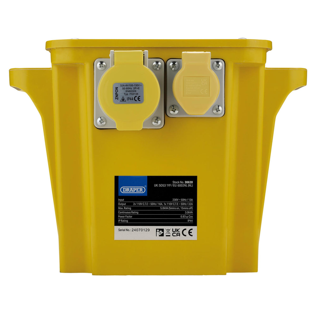 Draper Portable Transformer 5.0kVA Input 230V Output 110V 30620