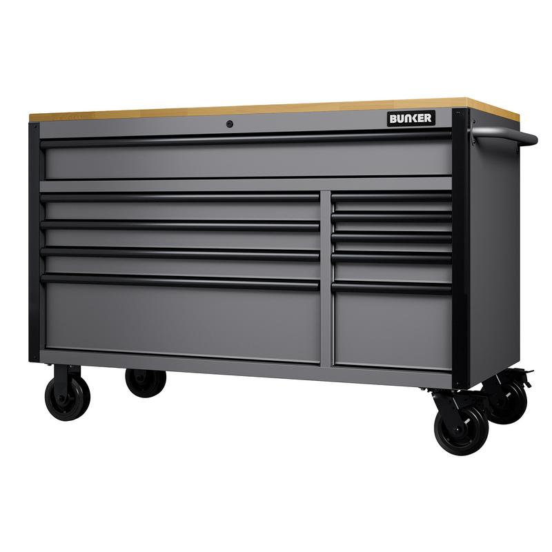 BUNKER® 10 Drawer Workbench Roller Tool Cabinet, 56", Light Grey