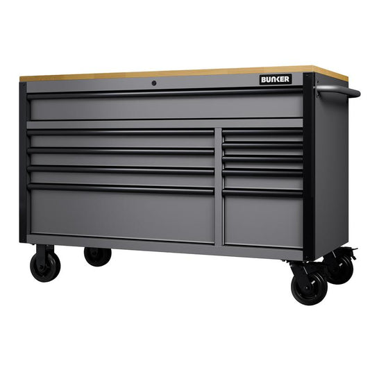 BUNKER® 10 Drawer Workbench Roller Tool Cabinet, 56", Light Grey