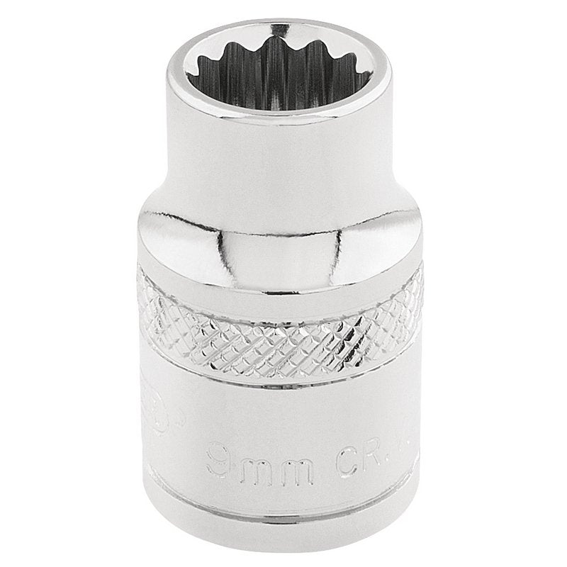 Draper 9mm 12 Point Socket 3/8"D Standard Length Knurled Ring Chrome 32769