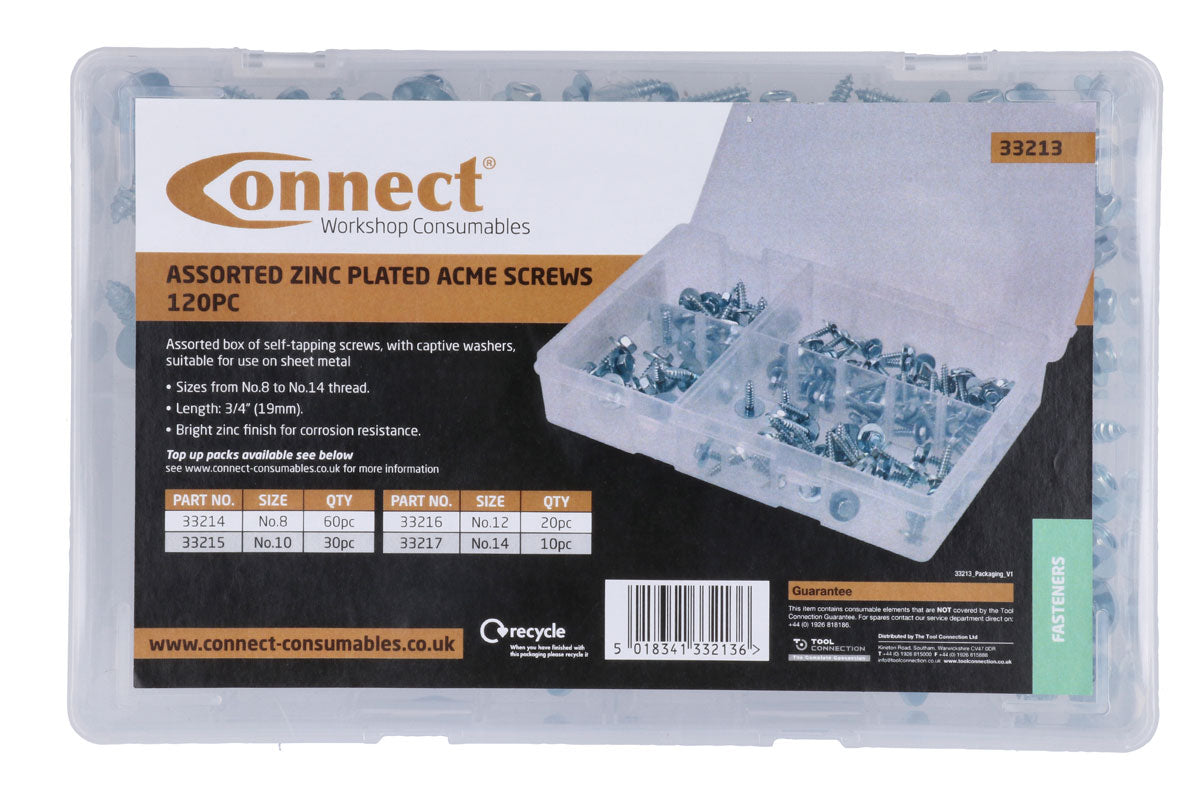 Connect Assorted Zinc Plated Hex Acme Screws 120pc With Captive Washers 33213