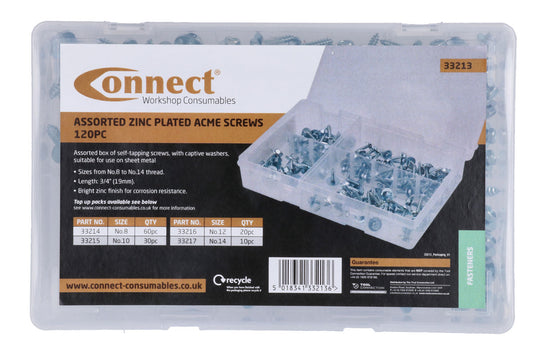 Connect Assorted Zinc Plated Hex Acme Screws 120pc With Captive Washers 33213