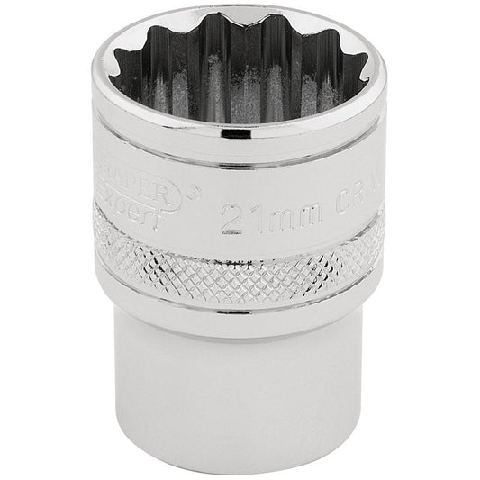 Draper HI-TORQ 1/2"D 21mm 12 Point Chrome Socket Standard Length 33290