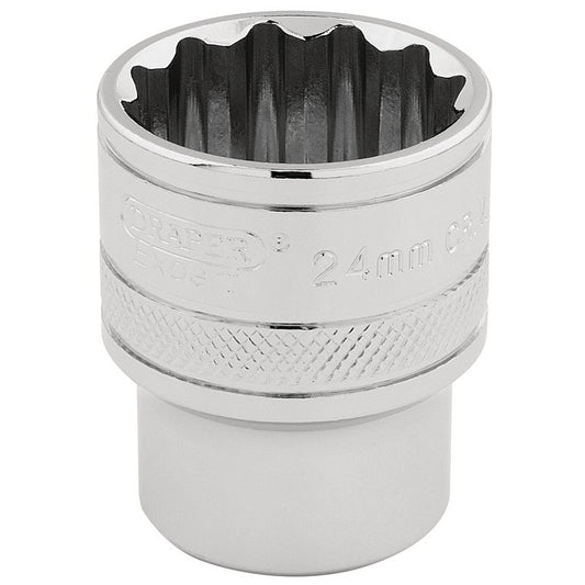 Draper HI-TORQ 1/2"D 24mm 12 Point Chrome Socket Standard Length 33372