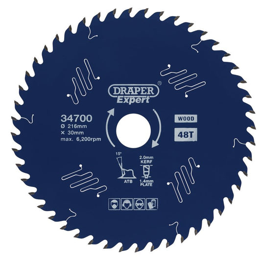Draper TCT Circular Saw Blade for Wood with PTFE Coating 216 x 30mm 48T 34700