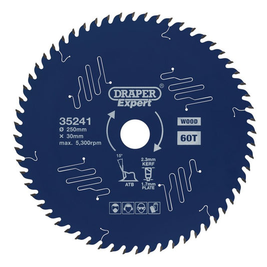 Draper TCT Circular Saw Blade for Wood with PTFE Coating 250 x 30mm 60T 35241