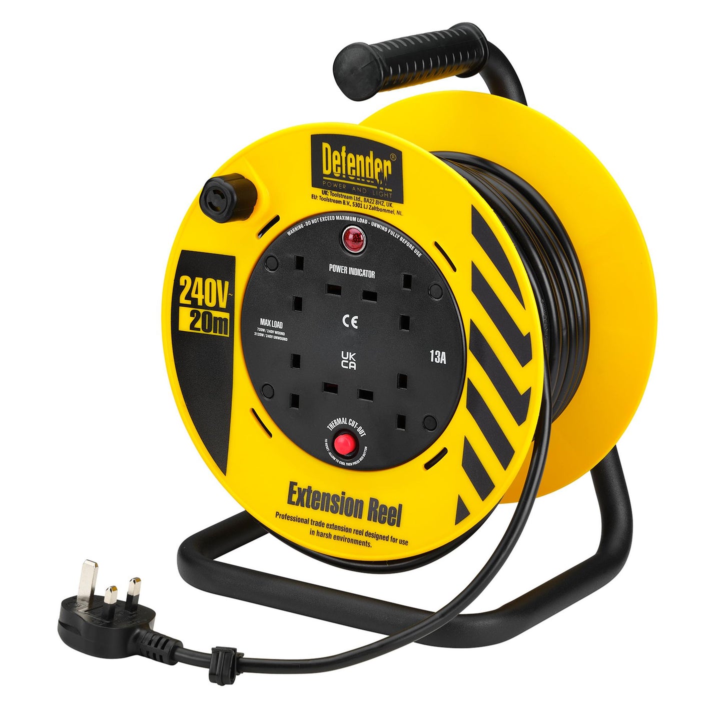 Defender E86465 230V 4-Way Light Industrial Cable Extension Reel, 20m