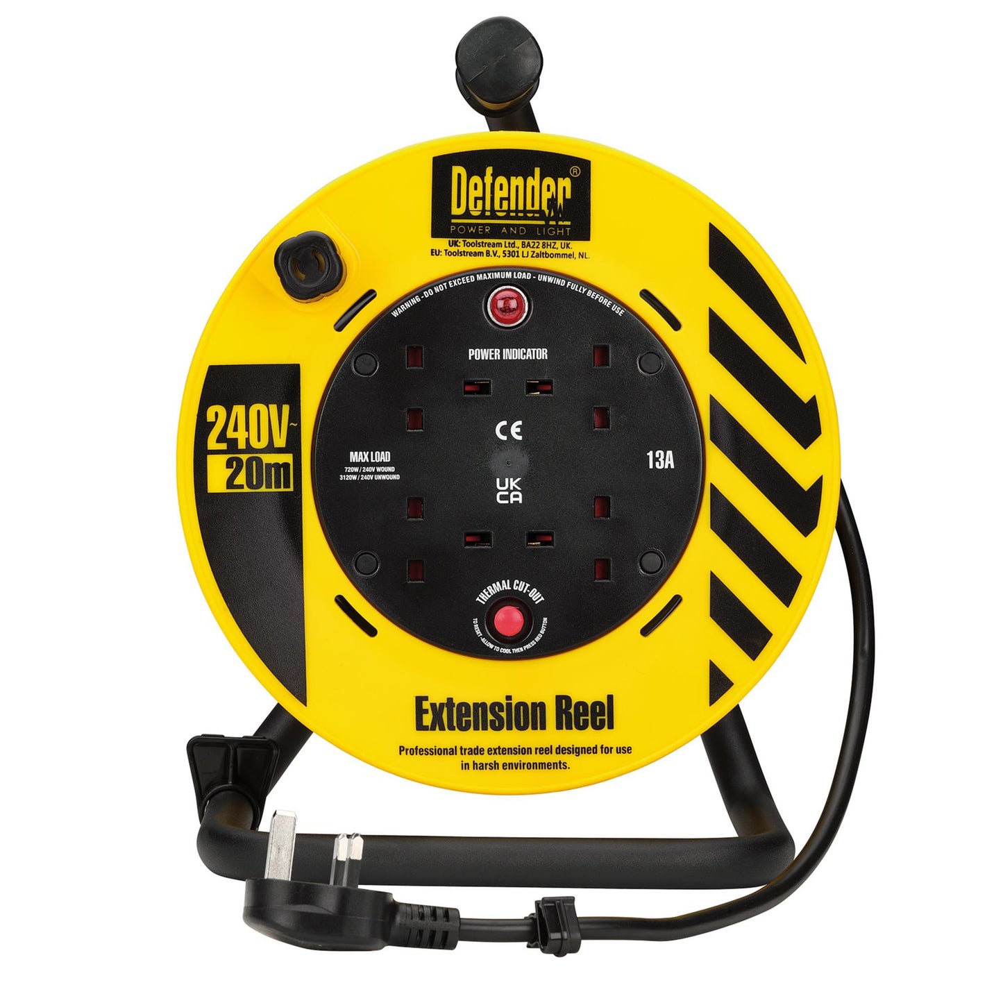 Defender E86465 230V 4-Way Light Industrial Cable Extension Reel, 20m