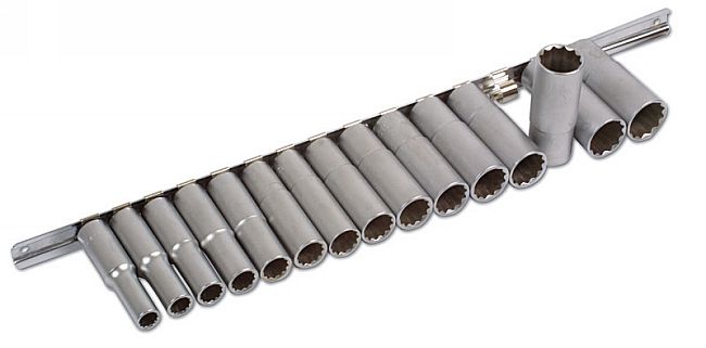 Laser Tools Metric Bi-Hex Deep Socket 1/2"D Set 15pc Satin Finish On A Rail 3660