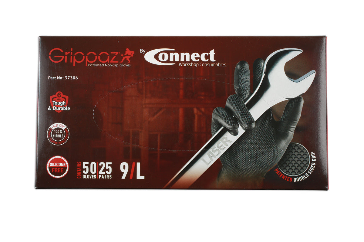 Connect Grippaz Large Black Nitrile Gloves Box 50pc/25 Pairs 37306