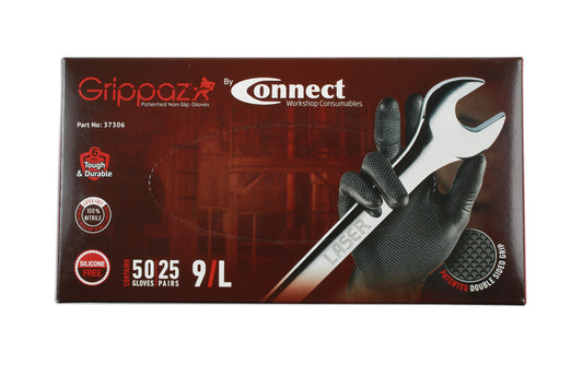 Connect Grippaz Large Black Nitrile Gloves Box 50pc/25 Pairs 37306