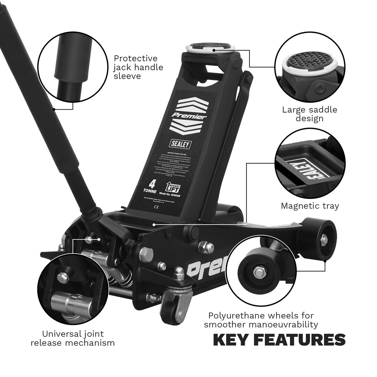 Sealey Trolley Jack 4 Tonne Low Profile Rocket Lift Black 4040AB
