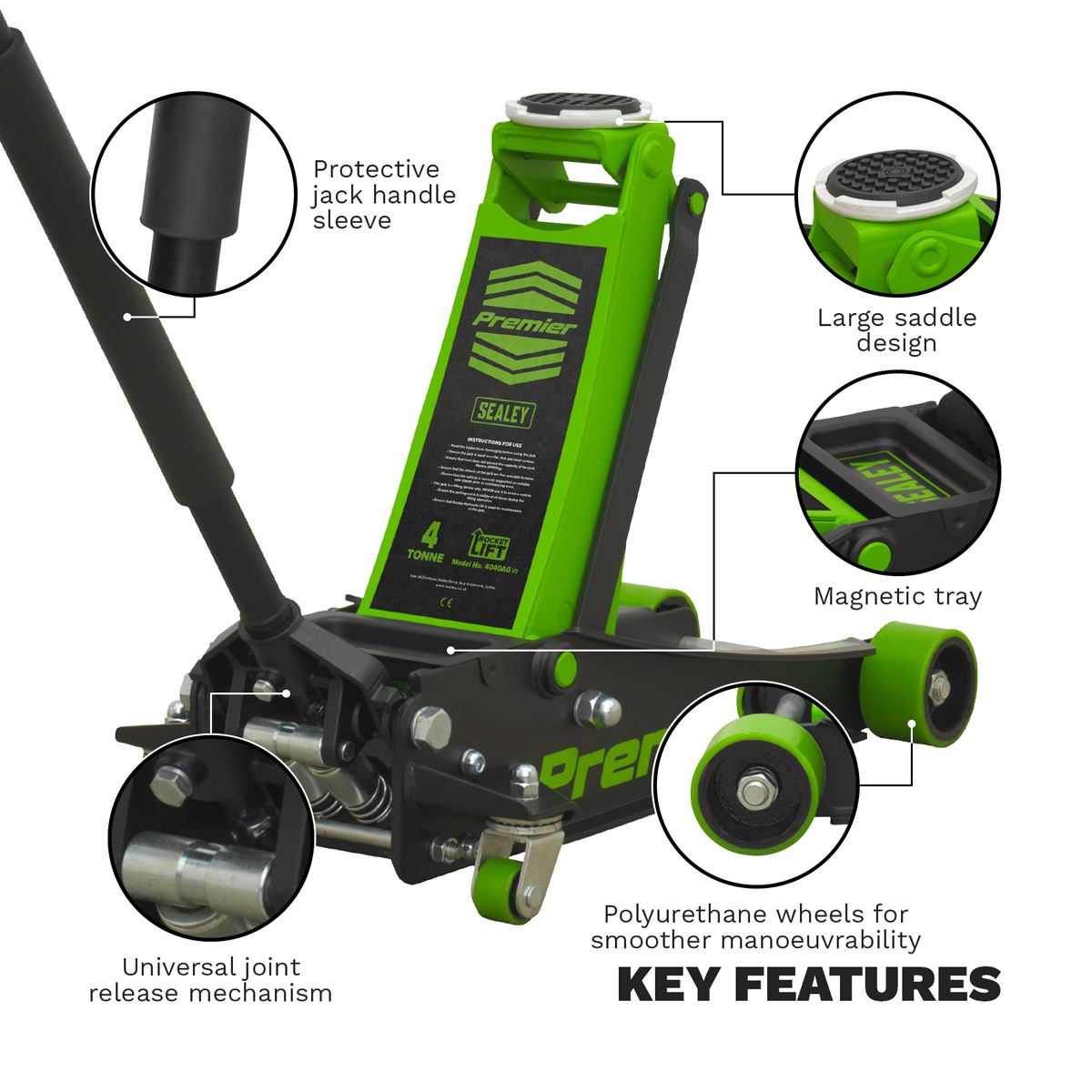 Sealey Trolley Jack 4 Tonne Low Profile Rocket Lift Green 4040AG
