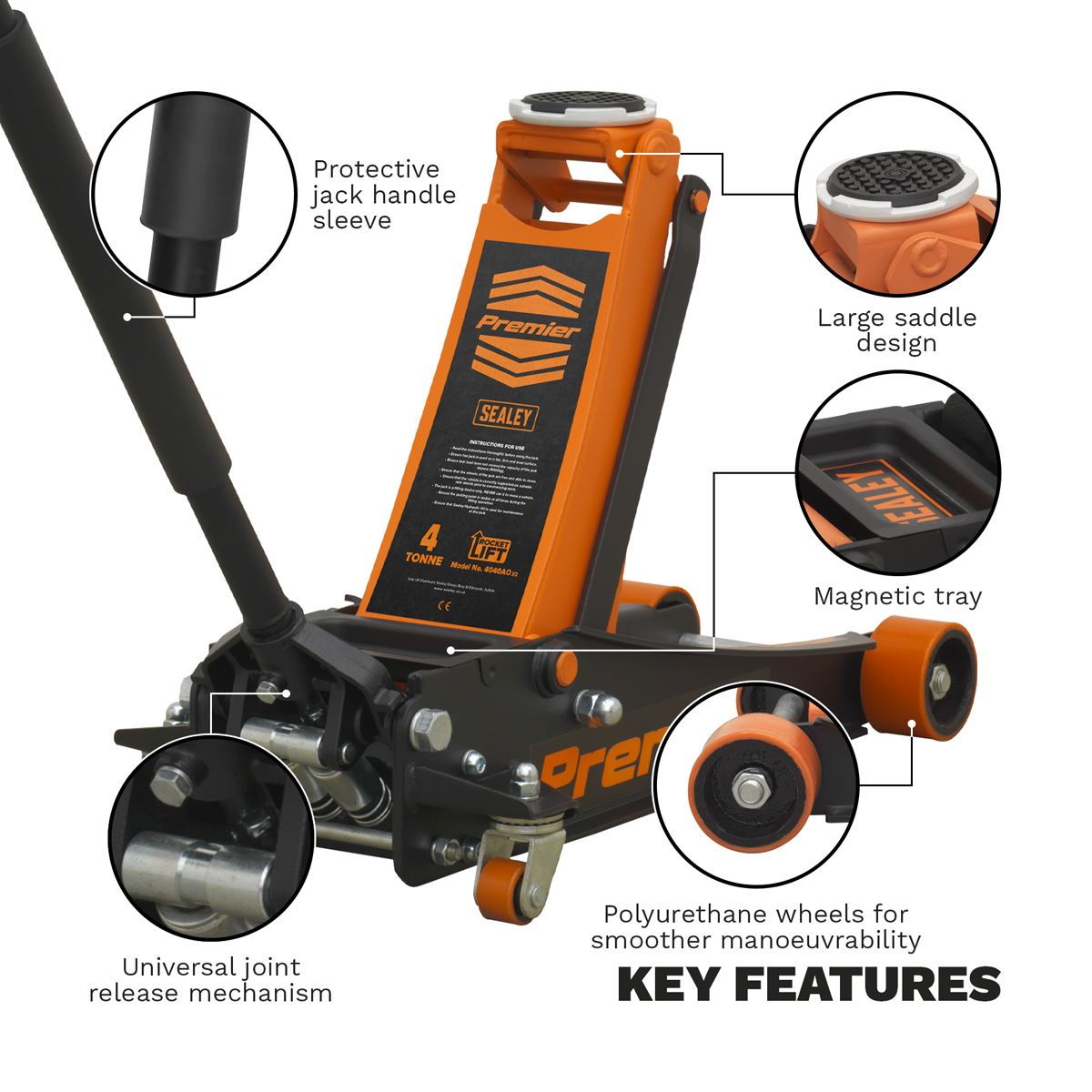 Sealey Trolley Jack 4 Tonne Low Profile Rocket Lift Orange 4040AO