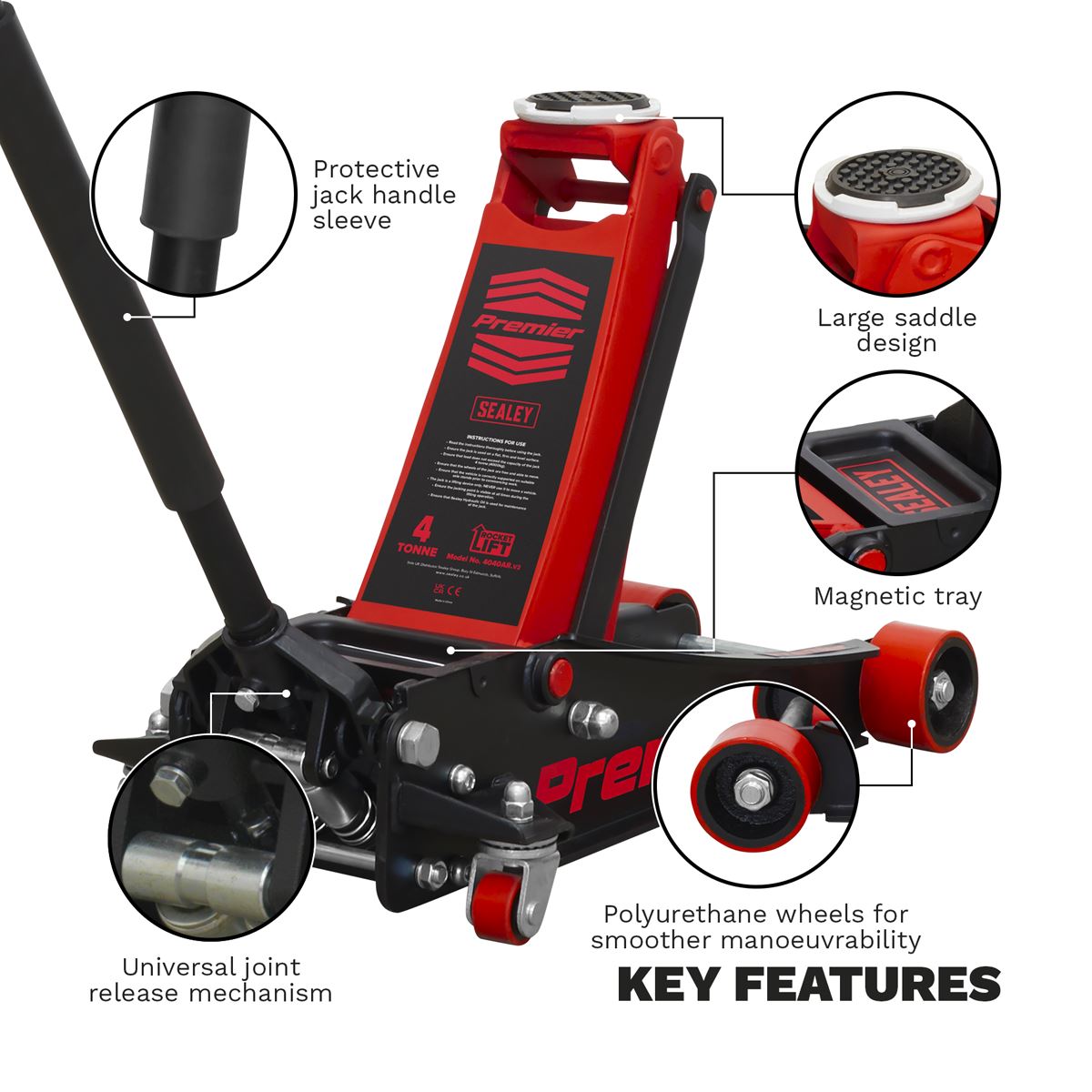 Sealey Trolley Jack 4 Tonne Low Profile Rocket Lift Red 4040AR