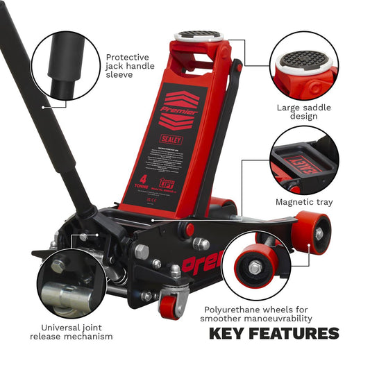 Sealey Trolley Jack 4 Tonne Low Profile Rocket Lift Red 4040AR