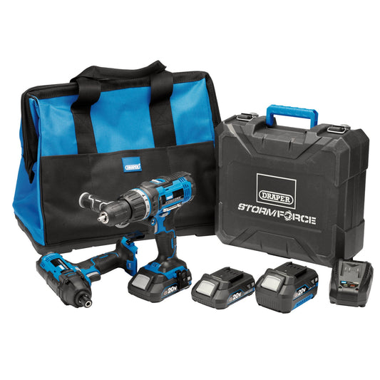 Draper Storm Force 20V Cordless Kit Impact Driver And Combi Drill 7 Piece 40448