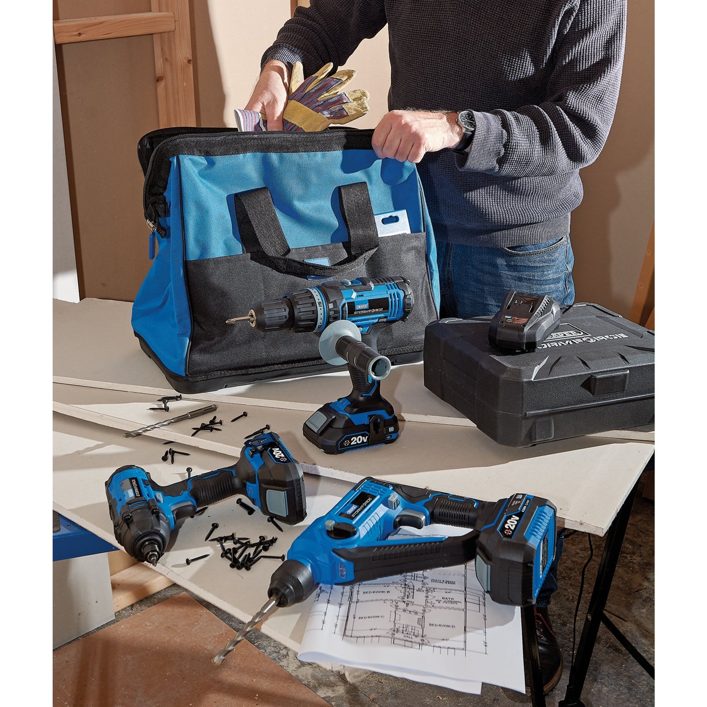 Draper 20V Impact Driver Cordless & Rotary Hammer Drill Fixing Kit 8 pc 40449