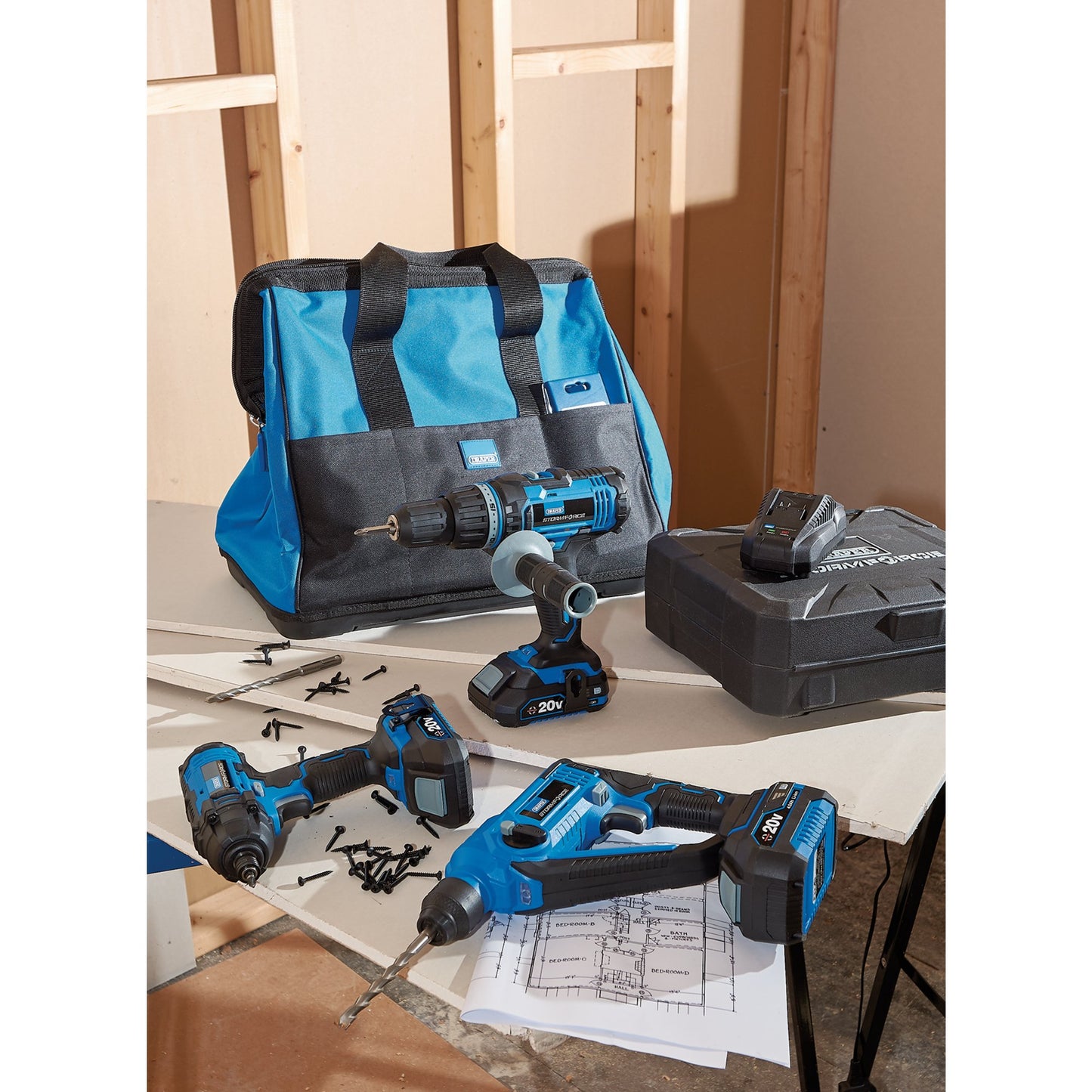 Draper 20V Impact Driver Cordless & Rotary Hammer Drill Fixing Kit 8 pc 40449