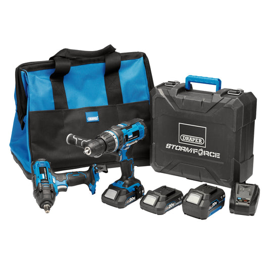 Draper Storm Force 20V Cordless Kit 1/2" Impact Wrench Combi Drill 7 Piece 40451