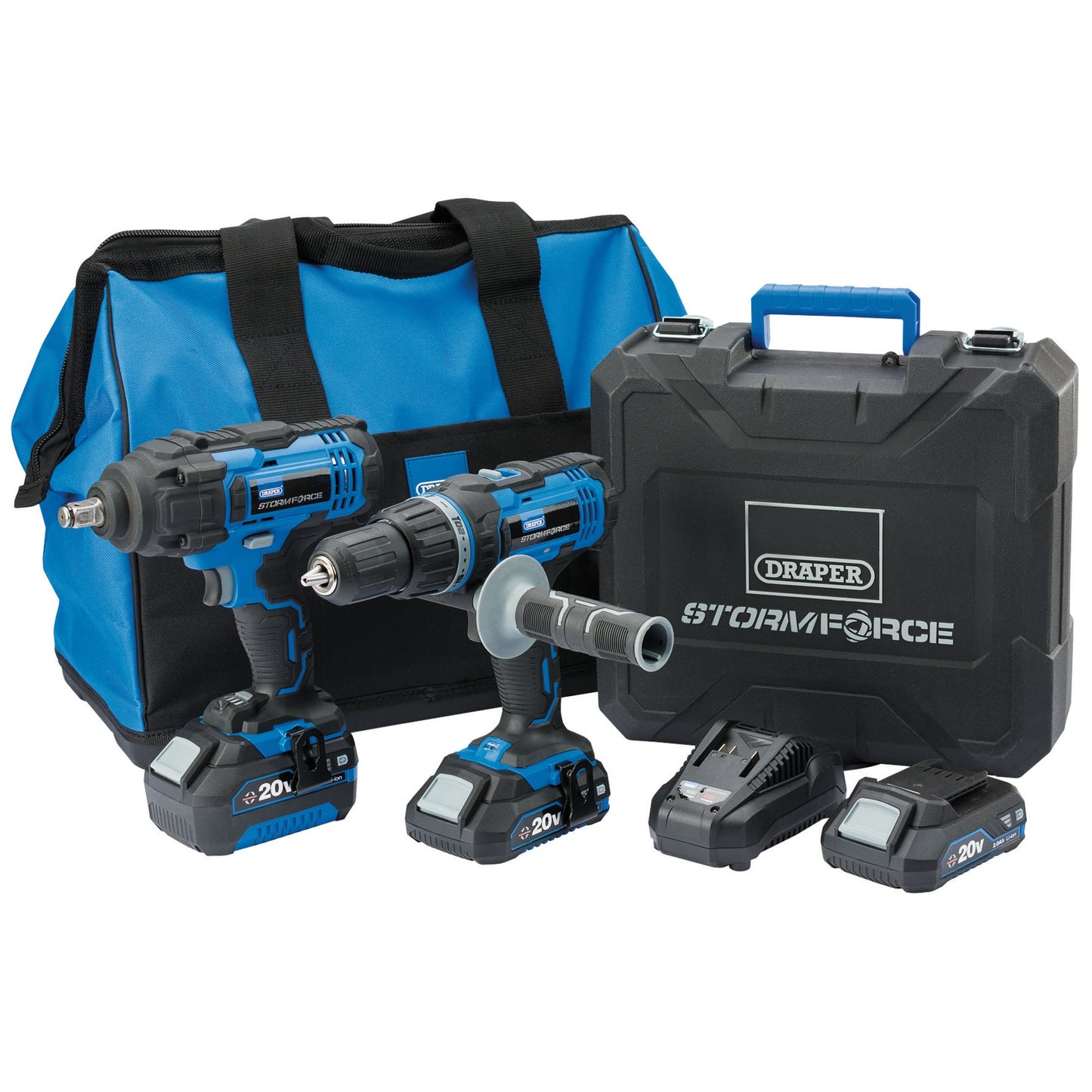 Draper Storm Force 20V Cordless Kit 1/2" Impact Wrench Combi Drill 7 Piece 40451