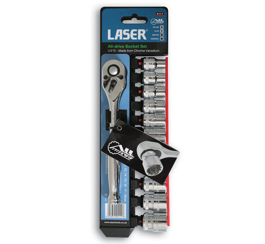 Laser Tools Alldrive Socket Set 3/8"D 12pc From M8 To M19 Inc Ratchet 4111