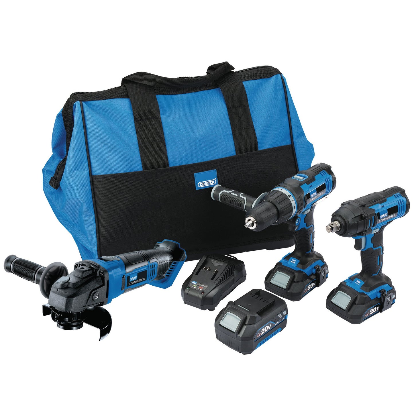 Draper 20V Cordless Kit 8 Piece Drill Grinder Impact Wrench & Batteries 45499