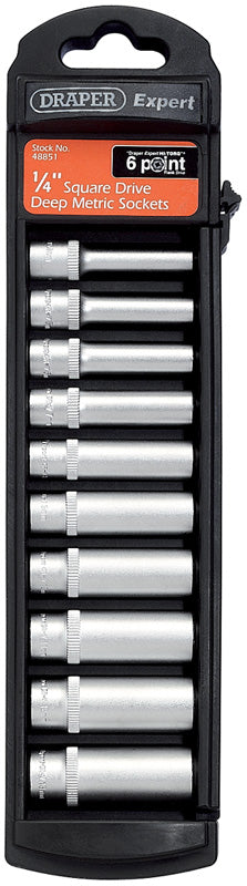 1/4" Sq. Dr. Set of 6 Point Deep Draper Hi-Torq&#174; Metric Satin Chrome Sockets (10 Piece)