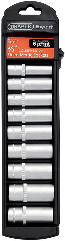 3/8" Sq. Dr. Set of 6 Point Deep Draper Hi-Torq&#174; Satin Chrome Metric Sockets (9 Piece)