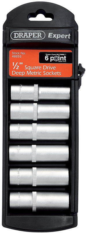 1/2" Sq. Dr. Set of 6 Point Draper Hi-Torq&#174; Deep Satin Chrome Metric Sockets (6 Piece)