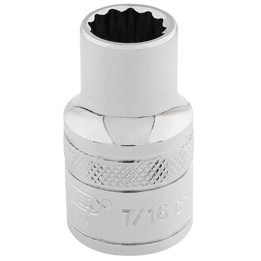 Draper 7/16" 12 Point Socket 3/8"D Standard Length Knurled Ring Chrome 49018