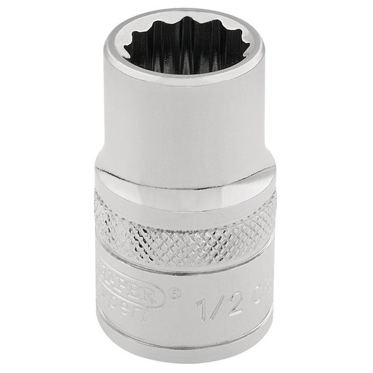 Draper 1/2" 12 Point Socket 3/8"D Standard Length Knurled Ring Chrome 49387