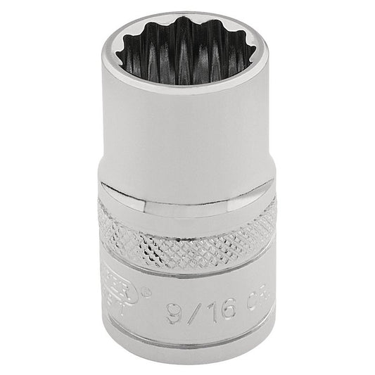 Draper 9/16" 12 Point Socket 3/8"D Standard Length Knurled Ring Chrome 49457