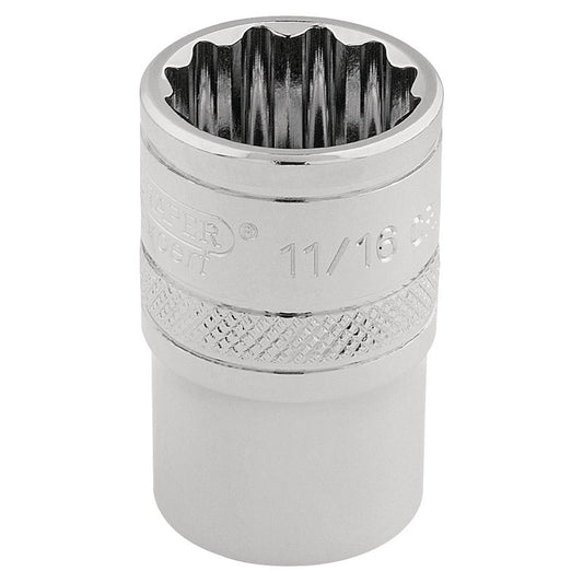 Draper 11/16" 12 Point Socket 3/8"D Standard Length Knurled Ring Chrome 49480
