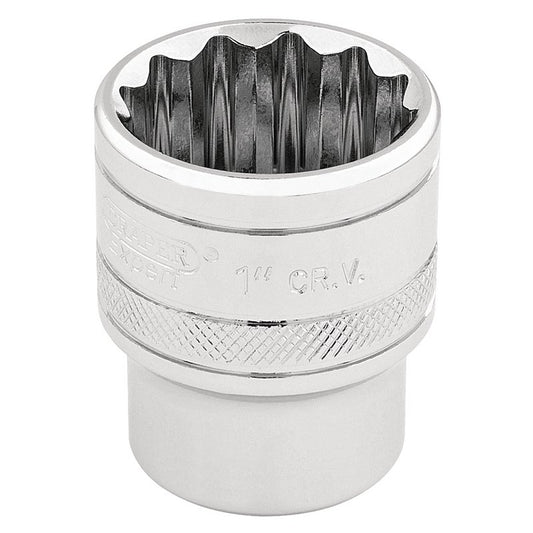 Draper 1" 12 Point Socket 3/8"D Standard Length Knurled Ring Chrome 49484