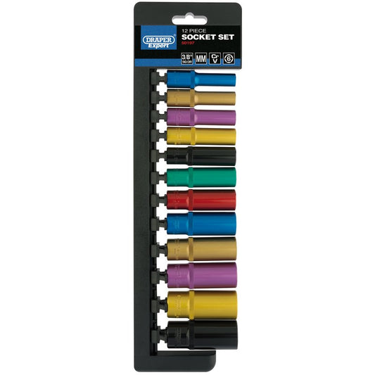 Draper 3/8"D 12 Piece Metric Coloured Deep Socket Set Contents: 8-19mm 50197
