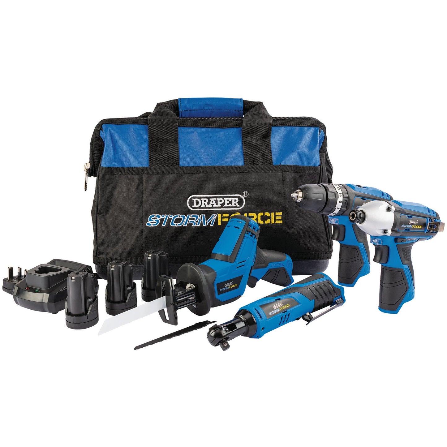 Draper 10.8V Power Tool Kit 9 Piece combi drill Impact driver ratchet saw 52023