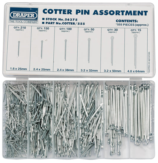 Draper Split Pin Assortment 555 Piece Zinc Plated In Plastic Storage Case 56375