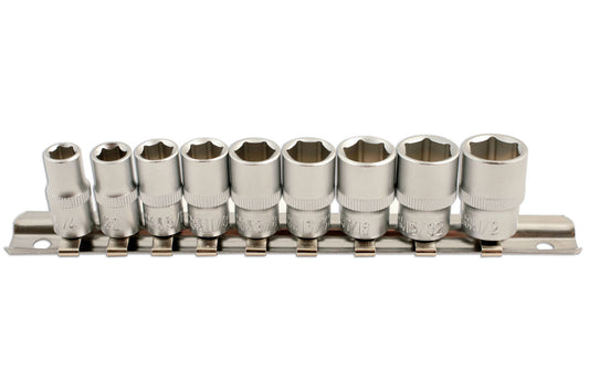 Laser Tools AF Socket Set 1/4"D 9pc 6 pt On A Rail Chrome from 1/4" to 1/2" 5691