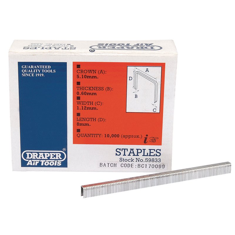 Draper Staples 8mm Crown 5.1mm Gauge 20 Pack of 10000 59833