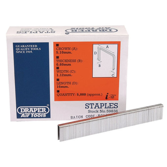 Draper Staples 16mm 5000 Pack Crown 5.1mm Gauge 20 Fits Other Manufactures 59836