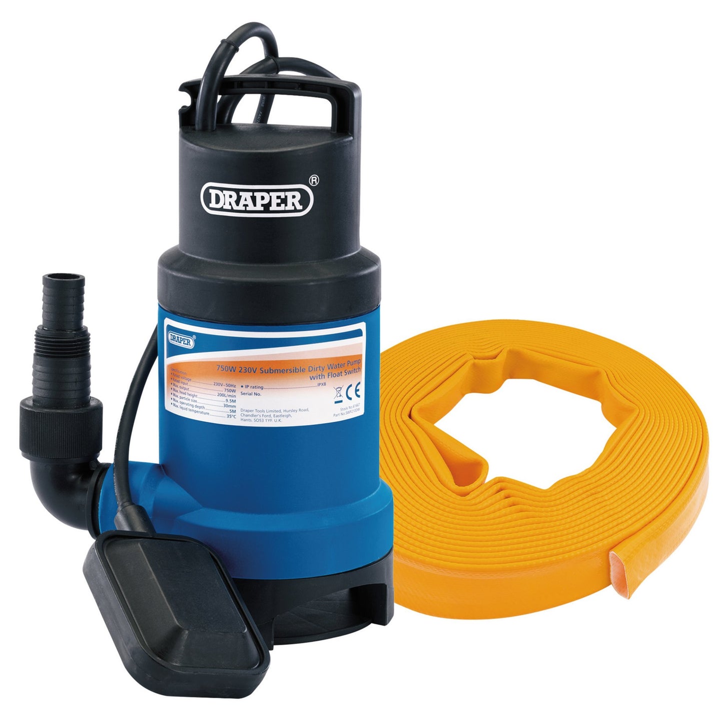 Draper 230V Submersible Dirty Water Pump Kit Layflat Hose 200L/Min 350W 61814